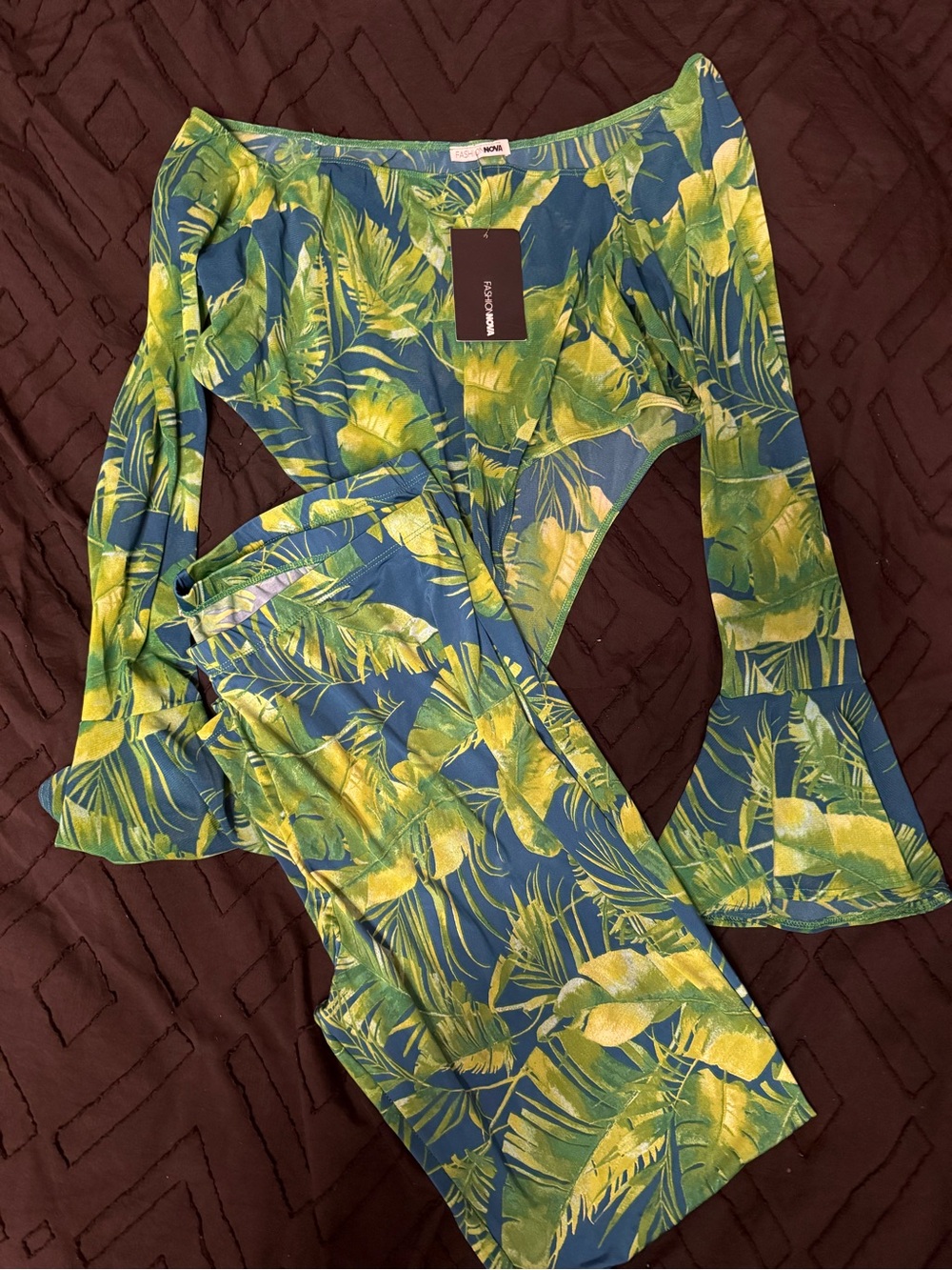Green and Blue Tropical-Print Off-Shoulder Women’s Two-Piece